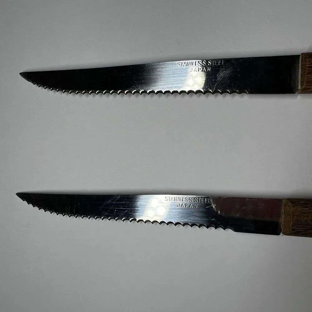 Lot of 2 Vintage Japan Stainless Steel Steak Knives Serrated Wood Handle Vtg